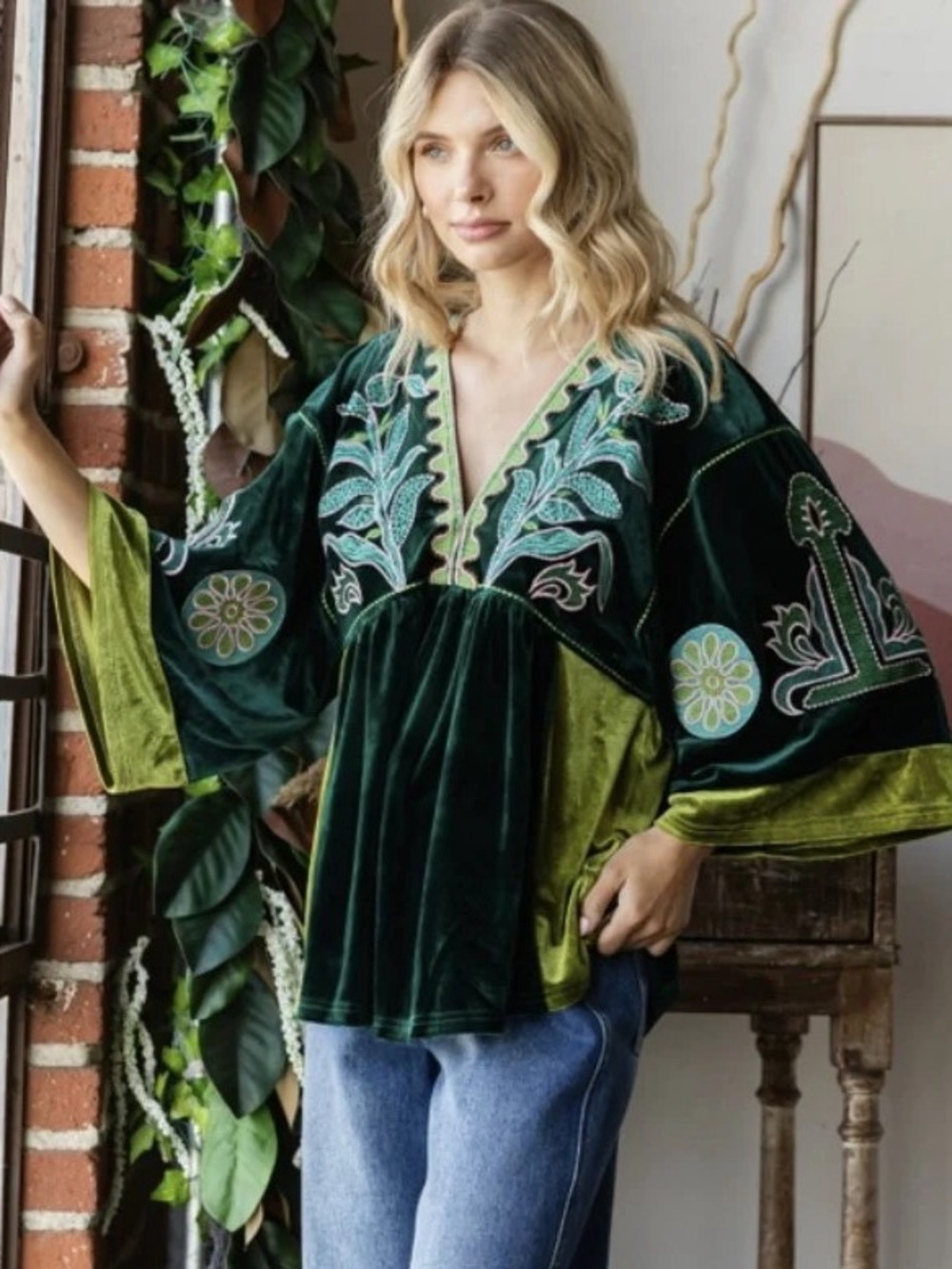 Vervet Hunter Green Embroidered Velvet Boho Tunic Top Small